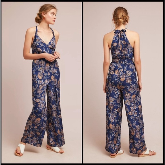 Anthropologie Ett Twa Women’s Wide Leg Paisley Print Halter Jumpsuit Pockets S - Picture 1 of 12